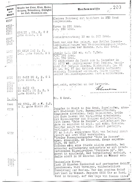 Wpis w Dzienniku Działań Bojowych z 3-go grudnia 1941 roku opisujący incydent z Cabo de Hornos