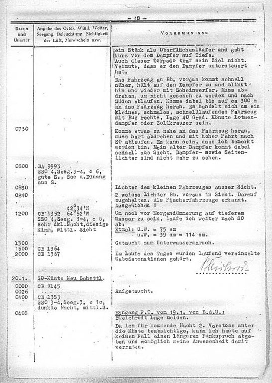 Wpis w Dzienniku Działań Bojowych U 109 opisujący atak z 19-go stycznia 1942 roku