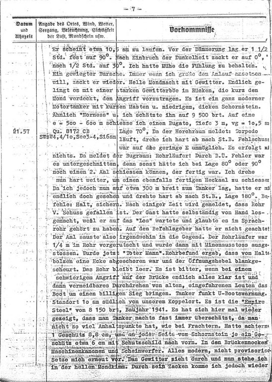 Wpis w Dzienniku Działań Bojowych U 123 opisujący atak z 23-go marca 1942 roku