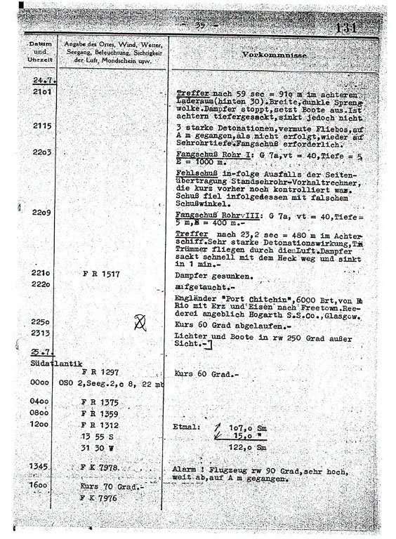 Wpis w Dzienniku Działań Bojowych U 172 z 24-go lipca 1943 roku opisujący atak na statek Fort Chilcotin
