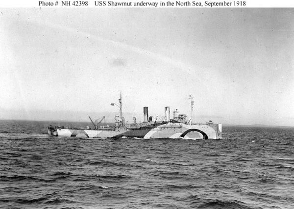 Minelayer USS Shawmut painted with dazzle camouflage