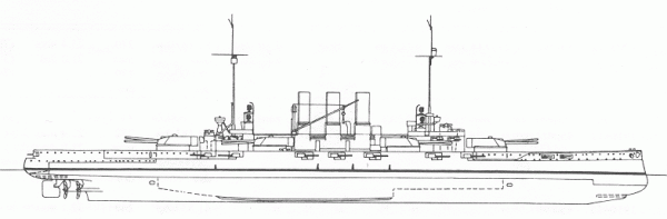 Pancernik SMS Ostfriesland typu Helgoland z widocznymi otworami sterburtowych wyrzutni torpedowych poniżej linii wodnej