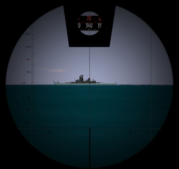 Wizualizacja widoku przez peryskop bojowy – widoczny jest pojedynczy krąg azymutalny oraz pierścień kąta strzału torpedowego
